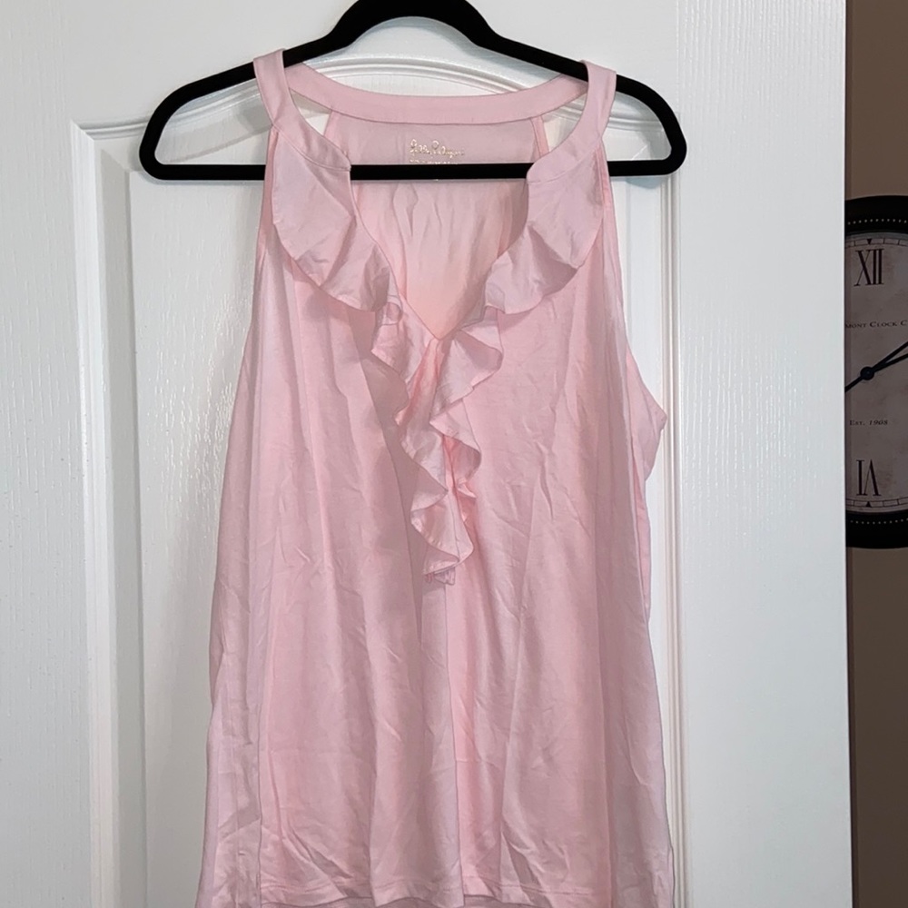 pink v-neck tank top w/ ruffle detail